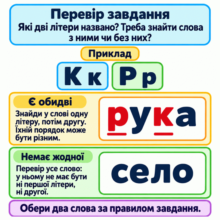 Навчальний приклад із літерами К і Р. У слові «рука» є обидві літери, хоча їхній порядок інший і вони не стоять поруч. У слові «село» немає жодної з них. Спочатку визнач, яку умову задають, перевір обидві літери в кожному слові та обери два слова за правилом завдання. Перевір завдання: Які дві літери названо? Треба знайти слова з ними чи без них? Є обидві: Знайди у слові одну літеру, потім другу. Їхній порядок може бути різним. Немає жодної: Перевір усе слово: у ньому не має бути ні першої літери, ні другої. Обери два слова за правилом завдання. Приклад К к Р р рука село