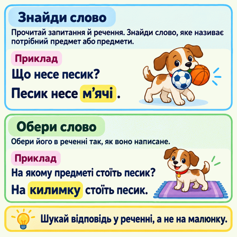 Два навчальні приклади показують, як знайти слово за запитанням. До запитання «Що несе песик?» подано речення «Песик несе м’ячі.» Виділено слово «м’ячі», поруч намальовані м’ячі. До запитання «На якому предметі стоїть песик?» подано речення «На килимку стоїть песик.» Виділено лише слово «килимку», поруч намальований килимок. Порада: прочитай запитання й речення, знайди назву потрібного предмета або предметів та обери слово без змін. Відповідь шукай у реченні, а не на малюнку. Знайди слово: Прочитай запитання й речення. Знайди слово, яке називає потрібний предмет або предмети. Обери слово: Обери його в реченні так, як воно написане. Шукай відповідь у реченні, а не на малюнку. Приклад Що несе песик? Песик несе м’ячі. На якому предметі стоїть песик? На килимку стоїть песик.