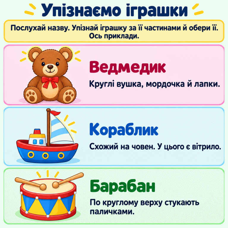 Картка пояснює: послухай назву, впізнай іграшку за її частинами й обери її. Наведено три приклади. Ведмедик має круглі вушка, мордочку й лапки. Кораблик схожий на човен; у показаного кораблика є вітрило. По круглому верху барабана стукають паличками. Упізнаємо іграшки Ведмедик: Круглі вушка, мордочка й лапки. Кораблик: Схожий на човен. У цього є вітрило. Барабан: По круглому верху стукають паличками. Послухай назву. Упізнай іграшку за її частинами й обери її. Ось приклади.