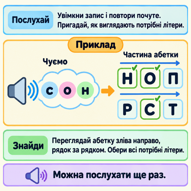 Послухай запис, повтори почуте та пригадай потрібні літери. У навчальному прикладі чуємо с, о, н. У частині абетки з рядками Н О П та Р С Т позначено Н, О й С. Шукай зліва направо, рядок за рядком, і обирай усі потрібні літери. Можна послухати ще раз. Послухай: Увімкни запис і повтори почуте. Пригадай, як виглядають потрібні літери. Знайди: Переглядай абетку зліва направо, рядок за рядком. Обери всі потрібні літери. Можна послухати ще раз. Приклад Чуємо Частина абетки с о н Н О П Р С Т