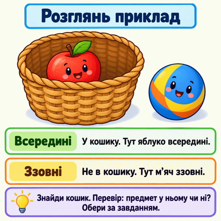 Навчальний приклад: яблуко лежить усередині відкритого кошика, а м’яч — ззовні, не в кошику. Пояснення пов’язують ці місця зі словами «всередині» та «ззовні». Нагадування радить знайти кошик, перевірити, чи предмет у ньому, й обрати за завданням. Розглянь приклад Всередині: У кошику. Тут яблуко всередині. Ззовні: Не в кошику. Тут м’яч ззовні. Знайди кошик. Перевір: предмет у ньому чи ні? Обери за завданням.