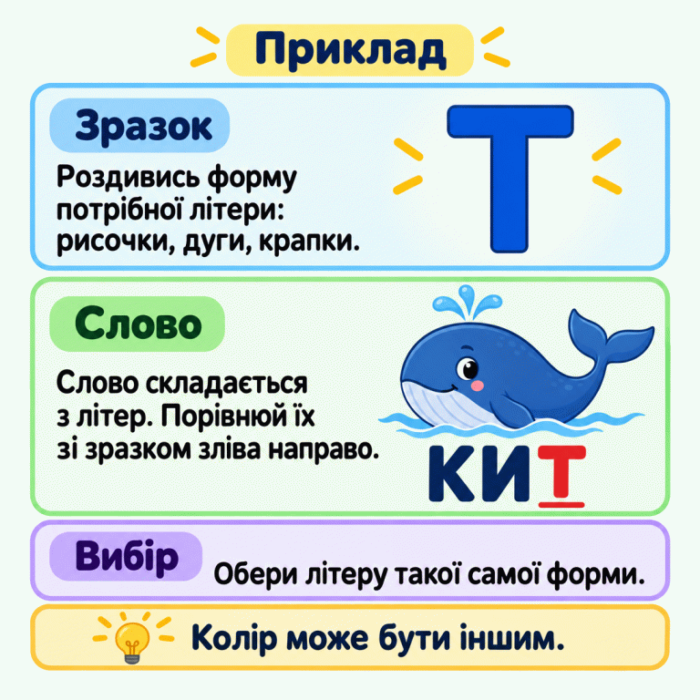 Навчальний приклад: зразок — літера Т. Під малюнком кита написано КИТ; у слові підкреслено Т. Порівнюй форму кожної літери зі зразком зліва направо та обери таку саму. Колір може бути іншим. Зразок: Роздивись форму потрібної літери: рисочки, дуги, крапки. Слово: Слово складається з літер. Порівнюй їх зі зразком зліва направо. Вибір: Обери літеру такої самої форми. Колір може бути іншим. Приклад Т КИТ
