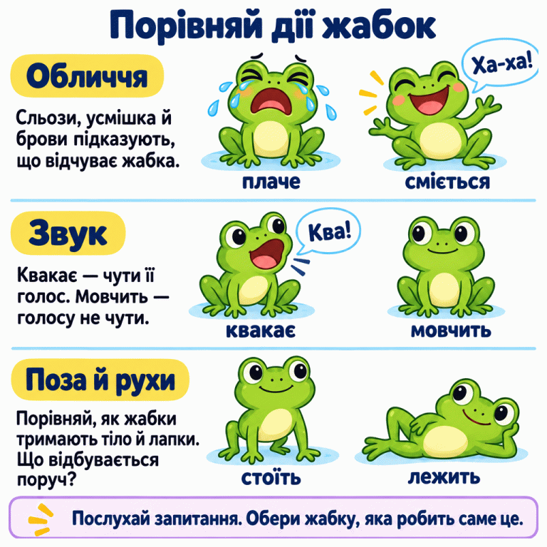 Картка пояснює, як розрізняти дії жабок. У першій парі одна жабка плаче зі сльозами, інша сміється: «Ха-ха!». У другій одна квакає: «Ква!», інша мовчить. У третій одна стоїть на лапках, інша лежить, спираючись тулубом на поверхню. Текст радить порівнювати обличчя, голос, позу, рухи й оточення та обирати жабку, чия дія відповідає запитанню. Порівняй дії жабок Обличчя: Сльози, усмішка й брови підказують, що відчуває жабка. Звук: Квакає — чути її голос. Мовчить — голосу не чути. Поза й рухи: Порівняй, як жабки тримають тіло й лапки. Що відбувається поруч? Послухай запитання. Обери жабку, яка робить саме це. плаче сміється Ха-ха! квакає мовчить Ква! стоїть лежить