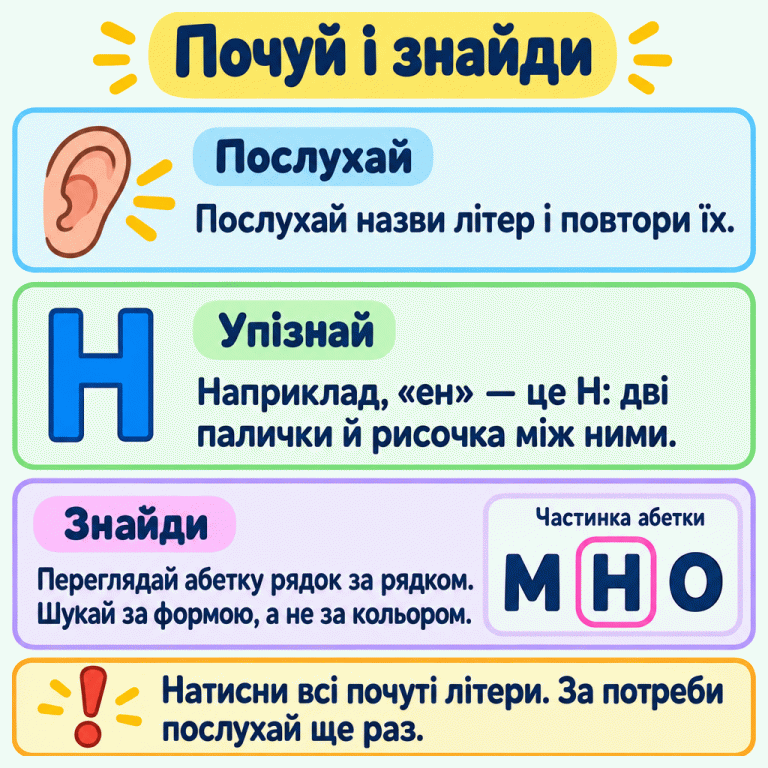 Послухай назви літер і повтори їх. Навчальний приклад: «ен» — це Н, дві палички з рисочкою між ними. Нижче показано частинку абетки М, Н, О; Н обведено, бо вона має таку саму форму, як зразок. Переглядай абетку рядок за рядком і натисни всі почуті літери. За потреби послухай ще раз. Почуй і знайди Послухай: Послухай назви літер і повтори їх. Упізнай: Наприклад, «ен» — це Н: дві палички й рисочка між ними. Знайди: Переглядай абетку рядок за рядком. Шукай за формою, а не за кольором. Натисни всі почуті літери. За потреби послухай ще раз. Н М О Частинка абетки !