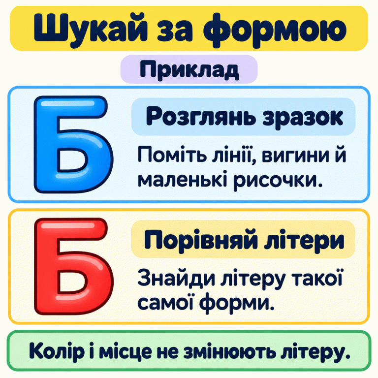 Навчальний приклад: дві великі літери Б різних кольорів розташовані одна під одною. В обох видно ту саму верхню пряму риску та нижню округлу частину. Поруч пояснено: розглянь деталі зразка й знайди літеру такої самої форми. Колір і місце не змінюють літеру. Шукай за формою Розглянь зразок: Поміть лінії, вигини й маленькі рисочки. Порівняй літери: Знайди літеру такої самої форми. Колір і місце не змінюють літеру. Приклад Б