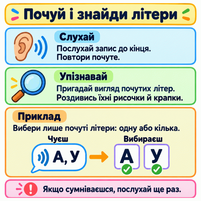 Картка пояснює: послухай увесь запис, повтори почуте, пригадай вигляд літер і роздивись їхні рисочки та крапки. Вибирай лише почуті літери — одну або кілька. У навчальному прикладі почуті А та У стрілкою поєднано з написаними А та У; під кожною стоїть позначка вибору. Якщо сумніваєшся, послухай ще раз. Почуй і знайди літери Слухай: Послухай запис до кінця. Повтори почуте. Упізнавай: Пригадай вигляд почутих літер. Роздивись їхні рисочки й крапки. Приклад: Вибери лише почуті літери: одну або кілька. Якщо сумніваєшся, послухай ще раз. Чуєш А, У → Вибираєш А У ✓ !