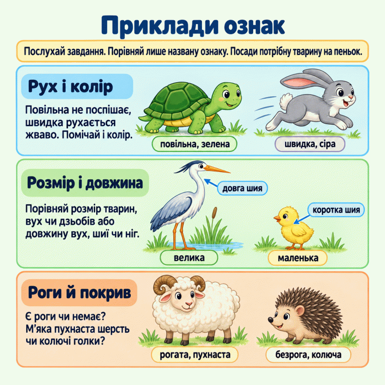 Картка вчить порівнювати лише ознаку, названу в завданні. Навчальні приклади: зелена черепаха рухається повільно, сірий заєць — швидко; велика чапля має довгу шию, маленьке курча — коротку; рогата вівця пухнаста, безрогий їжак колючий. Можна порівнювати всю тварину або її вуха, дзьоб, шию чи ноги. На пеньок потрібно посадити тварину з потрібною ознакою. Приклади ознак Рух і колір: Повільна не поспішає, швидка рухається жваво. Помічай і колір. Розмір і довжина: Порівняй розмір тварин, вух чи дзьобів або довжину вух, шиї чи ніг. Роги й покрив: Є роги чи немає? М’яка пухнаста шерсть чи колючі голки? Послухай завдання. Порівняй лише названу ознаку. Посади потрібну тварину на пеньок. повільна, зелена швидка, сіра велика маленька довга шия коротка шия рогата, пухнаста безрога, колюча