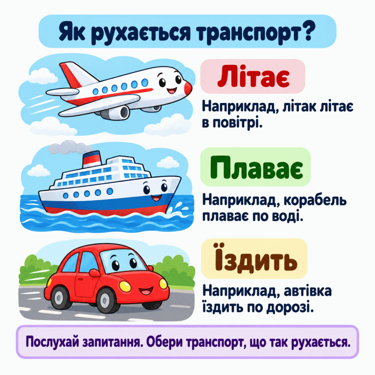 Три приклади руху транспорту: літак літає в повітрі, корабель плаває по воді, автівка їздить по дорозі. Послухай запитання та обери транспорт, що виконує названу дію. Як рухається транспорт? Літає: Наприклад, літак літає в повітрі. Плаває: Наприклад, корабель плаває по воді. Їздить: Наприклад, автівка їздить по дорозі. Послухай запитання. Обери транспорт, що так рухається.