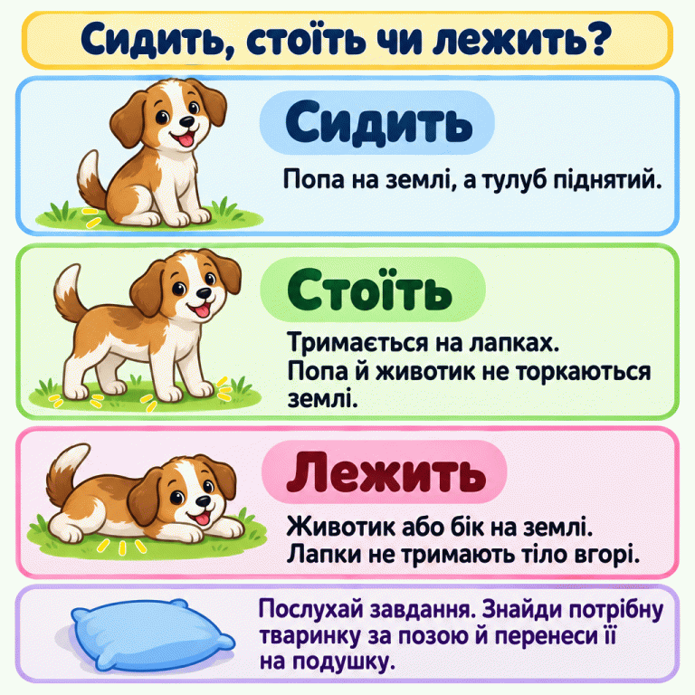 Три приклади поз песика. Сидить: попа на землі, тулуб піднятий. Стоїть: тримається на лапках, попа й животик не торкаються землі. Лежить: животик на землі, лапки не тримають тіло вгорі. Унизу порожня подушка та нагадування послухати завдання, знайти потрібну тваринку за позою й перенести її на подушку. Сидить, стоїть чи лежить? Сидить: Попа на землі, а тулуб піднятий. Стоїть: Тримається на лапках. Попа й животик не торкаються землі. Лежить: Животик або бік на землі. Лапки не тримають тіло вгорі. Послухай завдання. Знайди потрібну тваринку за позою й перенеси її на подушку.