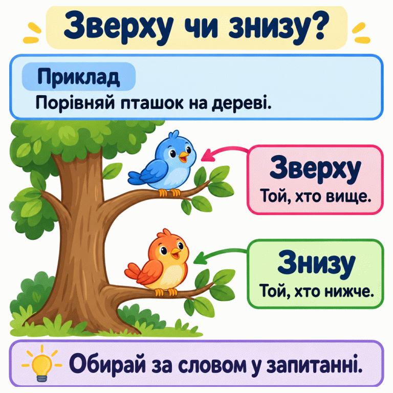 Зверху чи знизу? Навчальний приклад: на одному дереві сидять дві пташки. Біля пташки на вищій гілці написано «Зверху. Той, хто вище.», а біля пташки на нижчій — «Знизу. Той, хто нижче.». Обирай за словом у запитанні. Зверху чи знизу? Приклад: Порівняй пташок на дереві. Зверху: Той, хто вище. Знизу: Той, хто нижче. Обирай за словом у запитанні.
