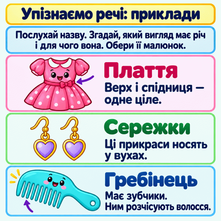 Навчальна картка радить послухати назву речі, пригадати її вигляд і використання та обрати відповідний малюнок. Нижче три приклади: плаття, у якого верх і спідниця становлять одне ціле; сережки — прикраси для вух; гребінець із зубчиками, яким розчісують волосся. Упізнаємо речі: приклади Плаття: Верх і спідниця — одне ціле. Сережки: Ці прикраси носять у вухах. Гребінець: Має зубчики. Ним розчісують волосся. Послухай назву. Згадай, який вигляд має річ і для чого вона. Обери її малюнок.