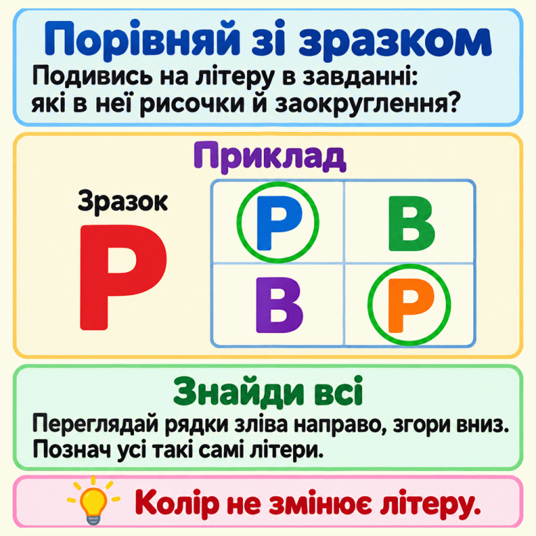 Пояснення пошуку літер за зразком. Потрібно порівнювати всі рисочки й заокруглення, переглядати рядки зліва направо, згори вниз і позначати всі однакові літери. У навчальному прикладі зразок — Р. У невеликій таблиці є дві Р і дві В; обведено обидві Р. Колір не змінює літеру. Порівняй зі зразком: Подивись на літеру в завданні: які в неї рисочки й заокруглення? Знайди всі: Переглядай рядки зліва направо, згори вниз. Познач усі такі самі літери. Колір не змінює літеру. Приклад Зразок Р В