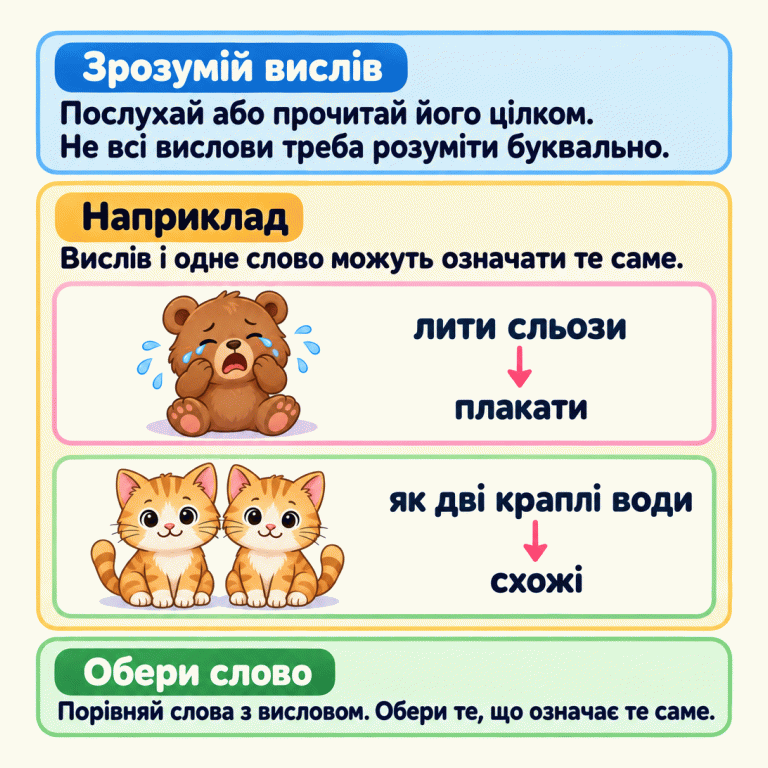 Картка вчить розуміти весь вислів і вибирати одне слово з тим самим змістом. У навчальних прикладах ведмедик зі сльозами показує: «лити сльози» — «плакати». Двоє подібних котиків показують: «як дві краплі води» — «схожі». Не всі вислови треба розуміти буквально. Зрозумій вислів: Послухай або прочитай його цілком. Не всі вислови треба розуміти буквально. Наприклад: Вислів і одне слово можуть означати те саме. Обери слово: Порівняй слова з висловом. Обери те, що означає те саме. лити сльози плакати як дві краплі води схожі