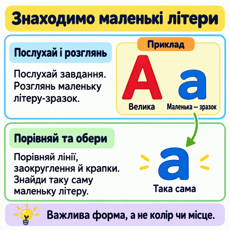 Картка пояснює: послухай завдання, розглянь маленьку літеру-зразок, порівняй лінії, заокруглення й крапки та знайди таку саму літеру. У навчальному прикладі показано велику А, маленьку а-зразок і ще одну таку саму маленьку а. Важлива форма літери, а не колір чи місце. Знаходимо маленькі літери Послухай і розглянь: Послухай завдання. Розглянь маленьку літеру-зразок. Порівняй та обери: Порівняй лінії, заокруглення й крапки. Знайди таку саму маленьку літеру. Важлива форма, а не колір чи місце. Приклад Велика Маленька — зразок Така сама А а