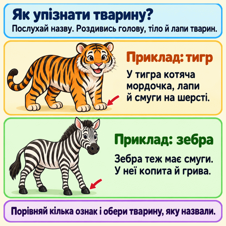 Послухай назву тварини та порівняй її ознаки на малюнках. Навчальні приклади: тигр має котячу мордочку, лапи й смуги на шерсті. Зебра теж смугаста, але має копита й гриву. Щоб упізнати названу тварину, порівнюй кілька ознак. Як упізнати тварину?: Послухай назву. Роздивись голову, тіло й лапи тварин. Приклад: тигр: У тигра котяча мордочка, лапи й смуги на шерсті. Приклад: зебра: Зебра теж має смуги. У неї копита й грива. Порівняй кілька ознак і обери тварину, яку назвали.