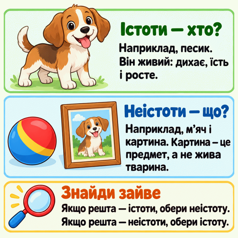 Песик показаний як приклад істоти: він живий, дихає, їсть і росте. М’яч і картина з песиком — приклади неістот. Картина є предметом, а не живою твариною. Правило: якщо решта об’єктів — істоти, обери неістоту; якщо решта — неістоти, обери істоту. Істоти — хто?: Наприклад, песик. Він живий: дихає, їсть і росте. Неістоти — що?: Наприклад, м’яч і картина. Картина — це предмет, а не жива тварина. Знайди зайве: Якщо решта — істоти, обери неістоту. Якщо решта — неістоти, обери істоту.