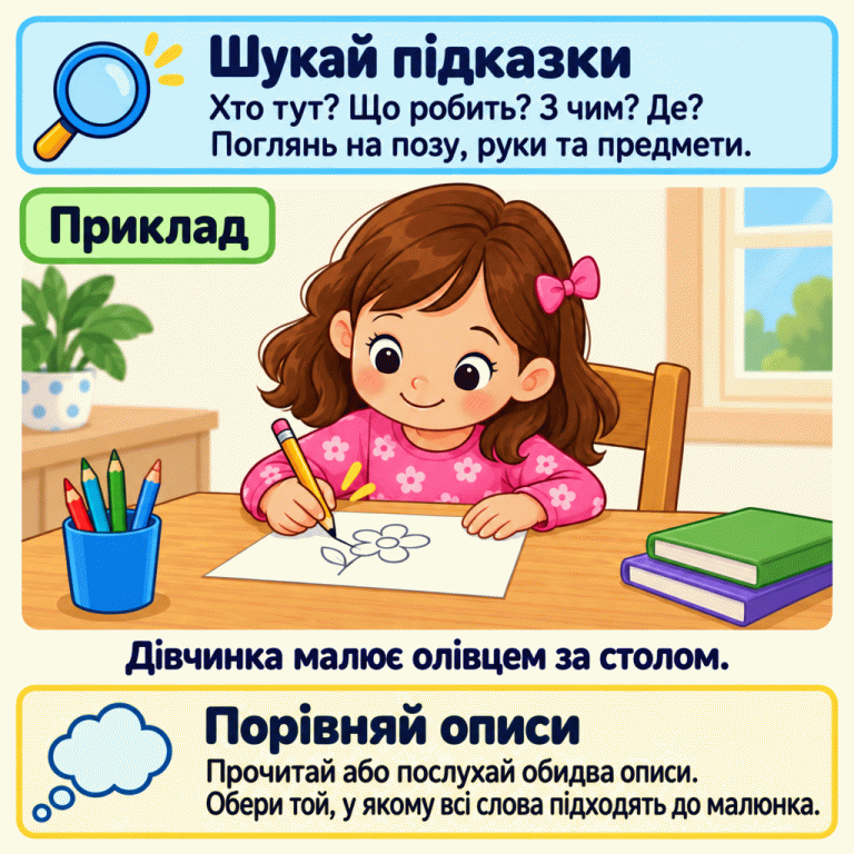 Картка вчить перевіряти, хто зображений, що робить, з якими предметами та де. Навчальний приклад: дівчинка сидить за столом і малює олівцем на папері. Унизу порада прочитати або послухати обидва описи й обрати той, у якому всі слова підходять до малюнка. Шукай підказки: Хто тут? Що робить? З чим? Де? Поглянь на позу, руки та предмети. Приклад: Дівчинка малює олівцем за столом. Порівняй описи: Прочитай або послухай обидва описи. Обери той, у якому всі слова підходять до малюнка.