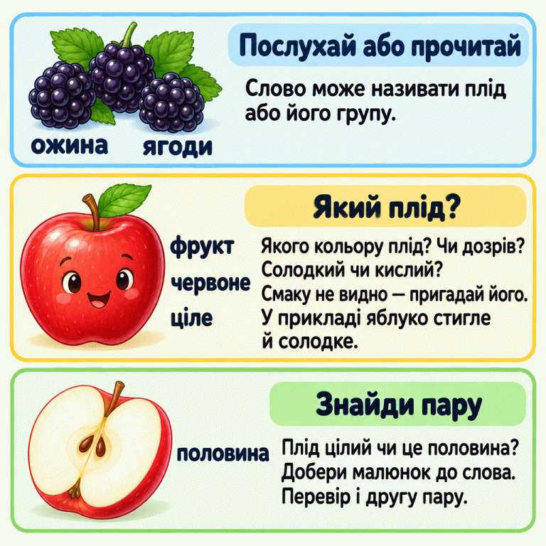 Картка пояснює, як добирати малюнки до слів. Біля ожини написано «ожина» та «ягоди». Біля цілого червоного яблука — «фрукт», «червоне», «ціле». У навчальному прикладі яблуко стигле й солодке, але смаку на малюнку не видно. Нижче показано половину яблука зі словом «половина». Порада: прочитай або послухай слово, зрозумій його значення та перевір обидві пари. Послухай або прочитай: Слово може називати плід або його групу. Який плід?: Якого кольору плід? Чи дозрів? Солодкий чи кислий? Смаку не видно — пригадай його. У прикладі яблуко стигле й солодке. Знайди пару: Плід цілий чи це половина? Добери малюнок до слова. Перевір і другу пару. ожина ягоди фрукт червоне ціле половина
