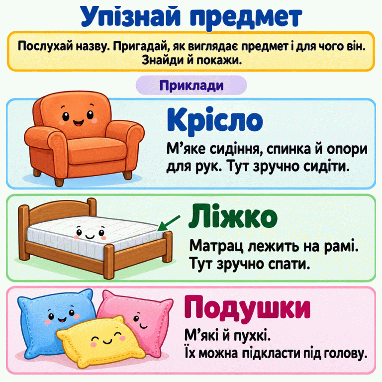 Картка радить послухати назву, пригадати вигляд і призначення предмета, а потім знайти його. Наведено приклади: крісло з м’яким сидінням, спинкою й опорами для рук; ліжко з матрацом на рамі; кілька пухких подушок, які можна підкласти під голову. Упізнай предмет Крісло: М’яке сидіння, спинка й опори для рук. Тут зручно сидіти. Ліжко: Матрац лежить на рамі. Тут зручно спати. Подушки: М’які й пухкі. Їх можна підкласти під голову. Послухай назву. Пригадай, як виглядає предмет і для чого він. Знайди й покажи. Приклади