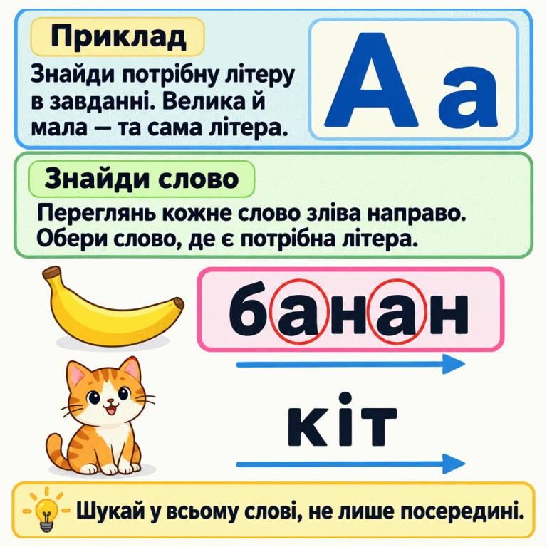 Навчальний приклад пошуку літери у словах. Угорі показані велика А й мала а. Нижче біля малюнка банана написано «банан»: обидві літери а обведені, а ціле слово виділене рамкою. Біля кота написано «кіт», де літери а немає. Стрілки під словами показують напрямок перегляду зліва направо. Нагадування радить шукати літеру в усьому слові, не лише посередині. Приклад: Знайди потрібну літеру в завданні. Велика й мала — та сама літера. Знайди слово: Переглянь кожне слово зліва направо. Обери слово, де є потрібна літера. Шукай у всьому слові, не лише посередині. А а банан кіт