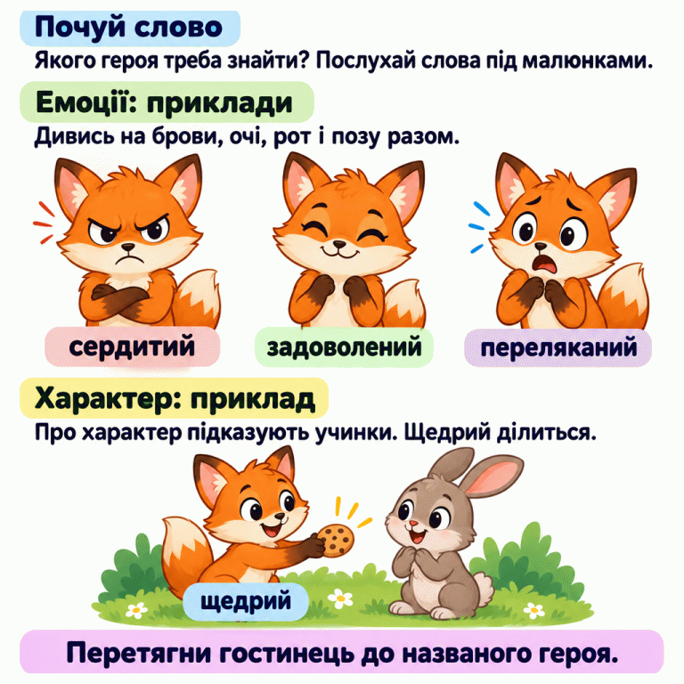 Картка радить послухати, якого героя названо, та зіставити слово з малюнком. Три навчальні звірятка показують емоції: сердитий насупив брови й напружився; задоволений м’яко усміхається та стоїть розслаблено; переляканий широко розплющив очі, відкрив рот і зіщулився. Треба розглядати брови, очі, рот і позу разом. Окремий приклад показує щедрого героя, який ділиться гостинцем: про характер підказують учинки. Після зіставлення слова й зображення гостинець слід перетягнути до названого героя. Почуй слово: Якого героя треба знайти? Послухай слова під малюнками. Емоції: приклади: Дивись на брови, очі, рот і позу разом. Характер: приклад: Про характер підказують учинки. Щедрий ділиться. Перетягни гостинець до названого героя. сердитий задоволений переляканий щедрий
