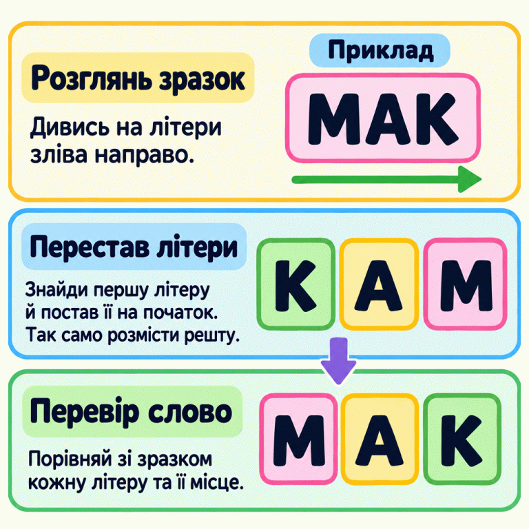 Навчальний приклад складання слова. Угорі зразок «МАК» і стрілка зліва направо. Посередині літери К, А, М. Унизу ті самі літери переставлено в порядку М, А, К, як у зразку. Інструкції радять розглянути зразок, послідовно розмістити літери та перевірити кожну літеру і її місце. Розглянь зразок: Дивись на літери зліва направо. Перестав літери: Знайди першу літеру й постав її на початок. Так само розмісти решту. Перевір слово: Порівняй зі зразком кожну літеру та її місце. Приклад МАК К А М