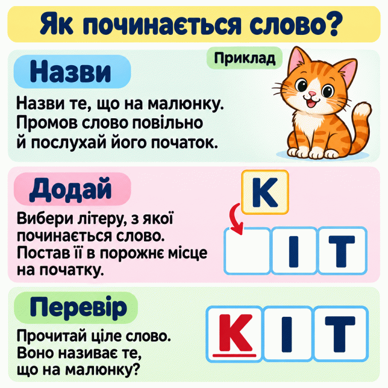 Навчальний приклад із котом. Спочатку назви зображене й послухай початок слова. Потім додай літеру: стрілка веде картку К до порожнього місця перед ІТ. Унизу утворилося слово КІТ із виділеною першою літерою. Прочитай його та перевір, чи відповідає воно малюнку. Як починається слово? Назви: Назви те, що на малюнку. Промов слово повільно й послухай його початок. Додай: Вибери літеру, з якої починається слово. Постав її в порожнє місце на початку. Перевір: Прочитай ціле слово. Воно називає те, що на малюнку? Приклад К ІТ КІТ