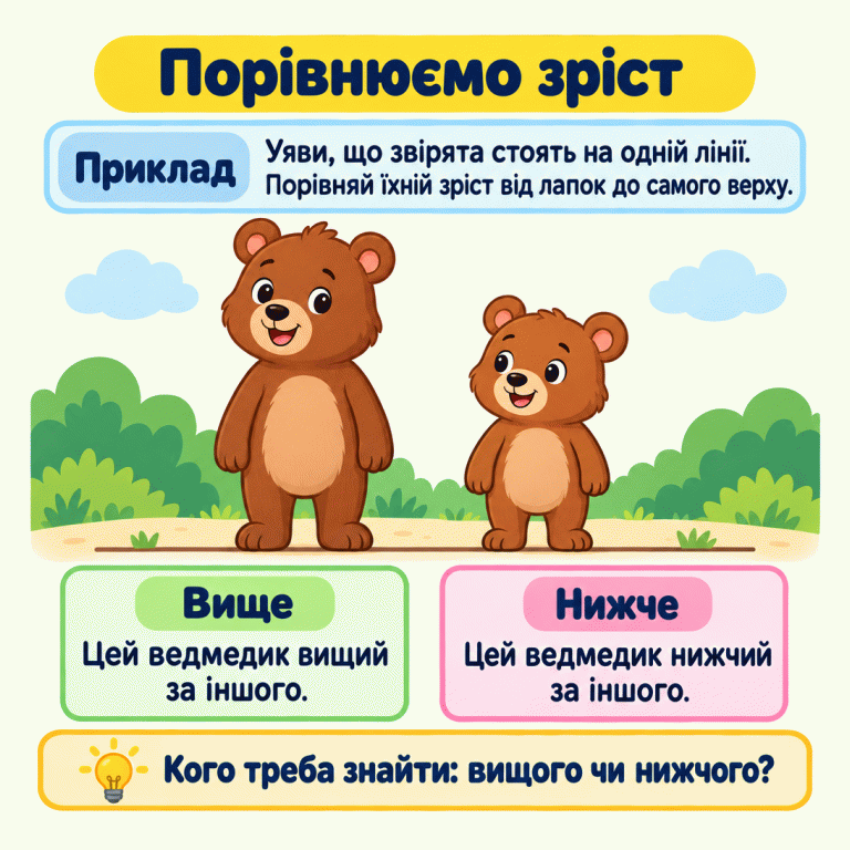 Навчальний приклад: два ведмедики стоять лапками на одній рівній лінії. Один сягає вище за іншого. Під ним написано «Вище», під другим — «Нижче». Пояснення пропонує порівнювати зріст від лапок до самого верху й зважати, кого потрібно знайти. Порівнюємо зріст Приклад: Уяви, що звірята стоять на одній лінії. Порівняй їхній зріст від лапок до самого верху. Вище: Цей ведмедик вищий за іншого. Нижче: Цей ведмедик нижчий за іншого. Кого треба знайти: вищого чи нижчого?