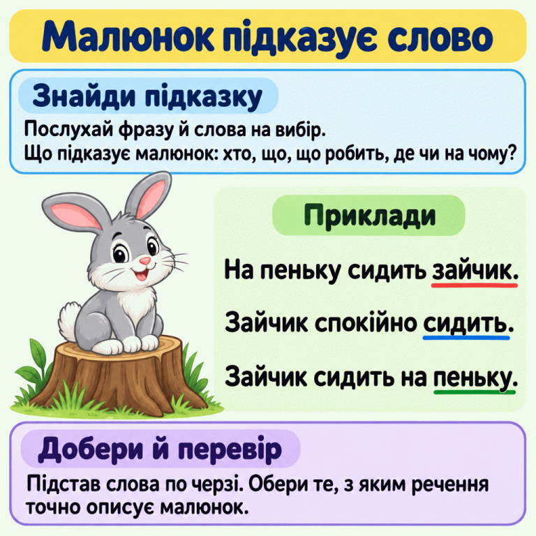 Картка «Малюнок підказує слово». Порада: послухати фразу й слова на вибір, знайти на малюнку потрібну підказку, підставити слова по черзі та перевірити речення. Зайчик спокійно сидить на пеньку. Біля нього три навчальні приклади: «На пеньку сидить зайчик», «Зайчик спокійно сидить», «Зайчик сидить на пеньку». Кінцеві слова підкреслено: вони називають героя, дію та опору. Малюнок підказує слово Знайди підказку: Послухай фразу й слова на вибір. Що підказує малюнок: хто, що, що робить, де чи на чому? Добери й перевір: Підстав слова по черзі. Обери те, з яким речення точно описує малюнок. Приклади На пеньку сидить зайчик. Зайчик спокійно сидить. Зайчик сидить на пеньку.
