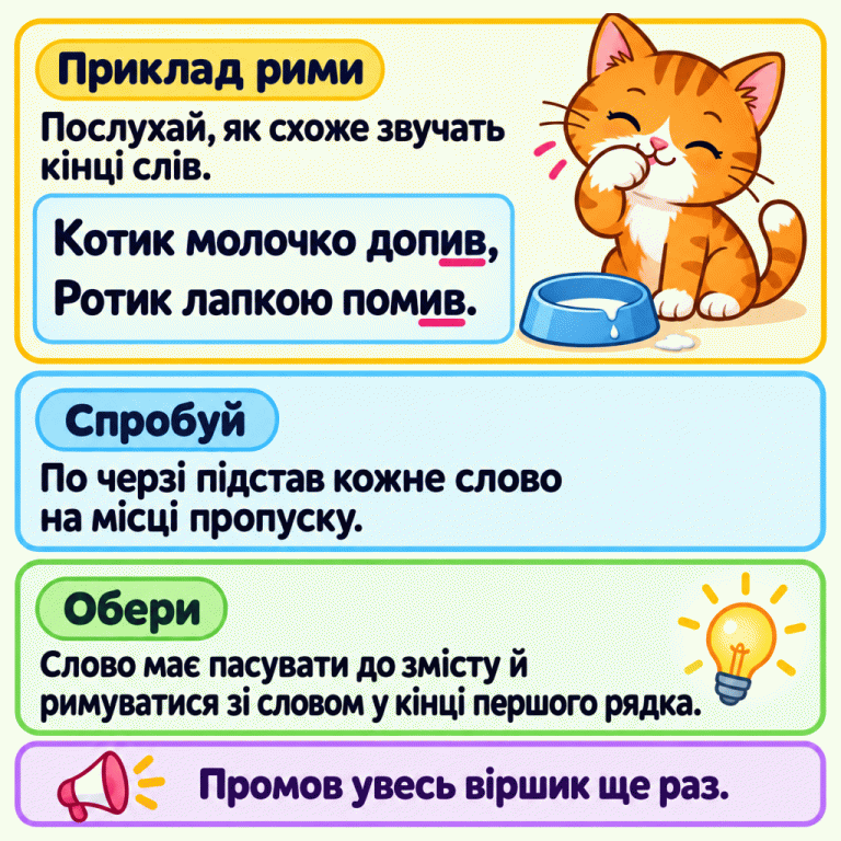 Картка пояснює, як продовжити віршик. У прикладі «Котик молочко допив, Ротик лапкою помив» підкреслено співзвучні кінці слів «допив» і «помив». Поруч котик умивається лапкою біля мисочки. Порада: по черзі підставити кожне слово, обрати те, що підходить за змістом і римується зі словом у кінці першого рядка, а потім промовити весь віршик. Приклад рими: Послухай, як схоже звучать кінці слів. Спробуй: По черзі підстав кожне слово на місці пропуску. Обери: Слово має пасувати до змісту й римуватися зі словом у кінці першого рядка. Промов увесь віршик ще раз. Котик молочко допив, Ротик лапкою помив.