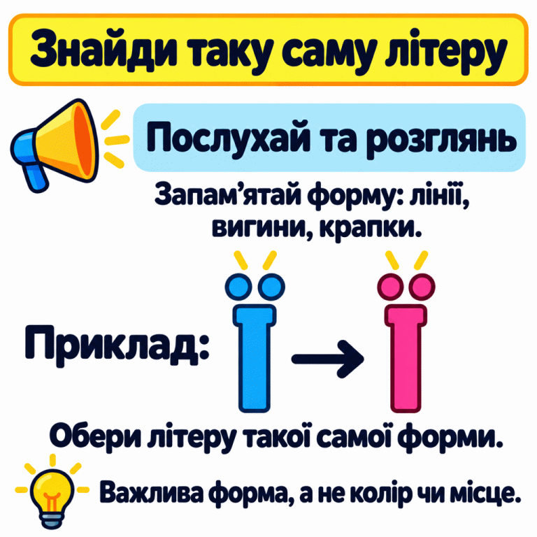 Картка радить послухати озвучення та запам’ятати форму літери: лінії, вигини й крапки. У навчальному прикладі стрілка поєднує дві різнокольорові літери Ї. В обох є вертикальна риска та дві крапки над нею. Обирати слід за формою, а не за кольором чи місцем. Знайди таку саму літеру Послухай та розглянь: Запам’ятай форму: лінії, вигини, крапки. Приклад: Ї → Ї: Обери літеру такої самої форми. Важлива форма, а не колір чи місце.