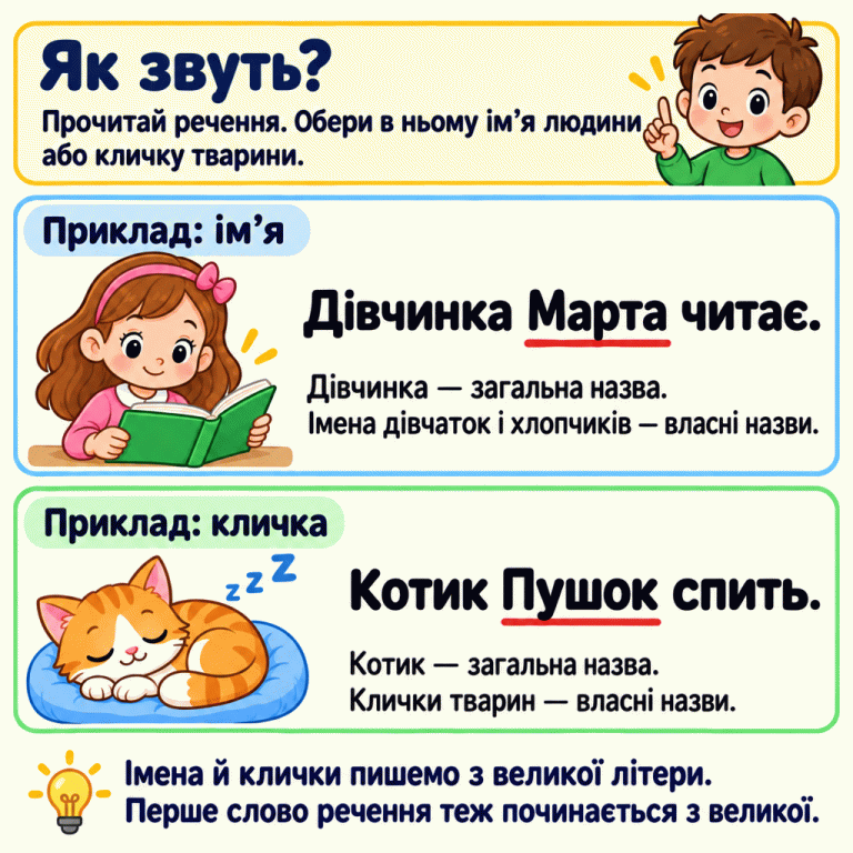 Два навчальні приклади. Біля дівчинки з книжкою написано: «Дівчинка Марта читає.» Підкреслено ім’я Марта. Біля котика написано: «Котик Пушок спить.» Підкреслено кличку Пушок. Дівчинка й котик — загальні назви, а ім’я та кличка — власні. Щоб знайти власну назву, запитай: «Як звуть?» Імена й клички пишемо з великої літери, але перше слово речення теж починається з великої. Як звуть?: Прочитай речення. Обери в ньому ім’я людини або кличку тварини. Приклад: ім’я: Дівчинка — загальна назва. Імена дівчаток і хлопчиків — власні назви. Приклад: кличка: Котик — загальна назва. Клички тварин — власні назви. Імена й клички пишемо з великої літери. Перше слово речення теж починається з великої. Дівчинка Марта читає. Котик Пушок спить. z z Z