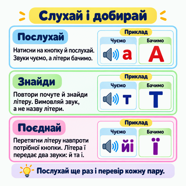 Пам’ятка радить натиснути звукову кнопку, повторити почуте, знайти літеру та перетягнути її навпроти потрібної кнопки. Три навчальні приклади: звук а — літера А, звук т — літера Т, два звуки й та і — літера ї з двома крапками. Звуки чуємо, літери бачимо. Кожну пару можна перевірити повторним прослуховуванням. Слухай і добирай Послухай: Натисни на кнопку й послухай. Звуки чуємо, а літери бачимо. Знайди: Повтори почуте й знайди літеру. Вимовляй звук, а не назву літери. Поєднай: Перетягни літеру навпроти потрібної кнопки. Літера ї передає два звуки: й та і. Послухай ще раз і перевір кожну пару. Приклад Чуємо Бачимо а А т Т йі ї