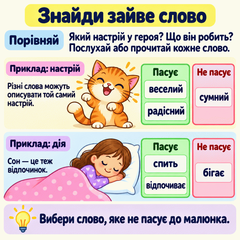 Картка пояснює, як знайти слово, що не пасує до малюнка. Спочатку визнач настрій героя або його дію, потім послухай чи прочитай кожне слово. У прикладі з усміхненим котиком «веселий» і «радісний» пасують, а «сумний» не пасує. У прикладі зі сплячою дівчинкою «спить» і «відпочиває» пасують, а «бігає» не пасує. Вибирай слово за тим, що показано на твоєму малюнку. Знайди зайве слово Порівняй: Який настрій у героя? Що він робить? Послухай або прочитай кожне слово. Приклад: настрій: Різні слова можуть описувати той самий настрій. Приклад: дія: Сон — це теж відпочинок. Вибери слово, яке не пасує до малюнка. Пасує Не пасує веселий радісний сумний спить відпочиває бігає