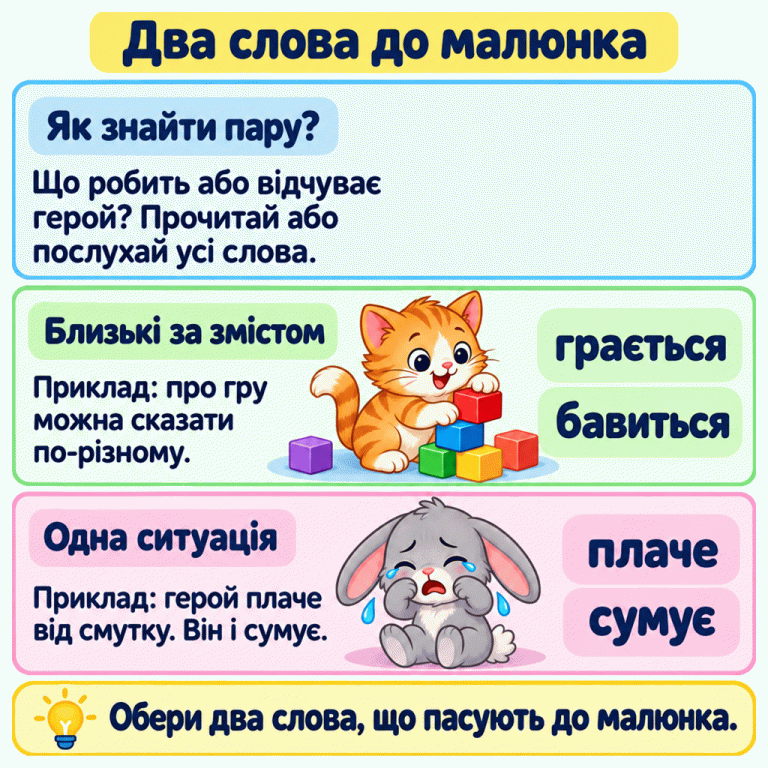 Картка вчить обирати два слова до малюнка. Спочатку з’ясуй, що робить або відчуває герой, і прочитай чи послухай усі слова. У першому прикладі кошеня грається іграшками; поруч слова «грається» і «бавиться», близькі за змістом. У другому прикладі засмучений зайчик плаче; слова «плаче» і «сумує» описують цю ситуацію. Обери два слова, що пасують до малюнка. Два слова до малюнка Як знайти пару?: Що робить або відчуває герой? Прочитай або послухай усі слова. Близькі за змістом: Приклад: про гру можна сказати по-різному. Одна ситуація: Приклад: герой плаче від смутку. Він і сумує. Обери два слова, що пасують до малюнка. грається бавиться плаче сумує