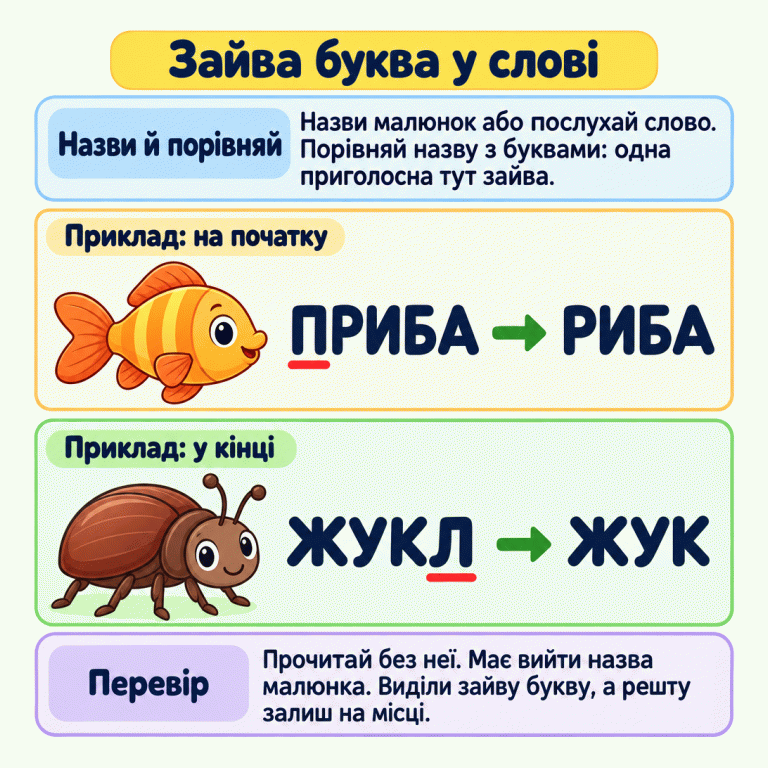Картка пояснює, як знайти одну зайву приголосну: назвати малюнок або послухати слово, порівняти назву з буквами й прочитати без зайвої букви. У прикладі з рибою з початку запису «ПРИБА» прибрано П — залишилося «РИБА». У прикладі з жуком із кінця запису «ЖУКЛ» прибрано Л — залишилося «ЖУК». Решта букв зберігає свій порядок. Зайва буква у слові Назви й порівняй: Назви малюнок або послухай слово. Порівняй назву з буквами: одна приголосна тут зайва. Перевір: Прочитай без неї. Має вийти назва малюнка. Виділи зайву букву, а решту залиш на місці. Приклад: на початку ПРИБА РИБА Приклад: у кінці ЖУКЛ ЖУК