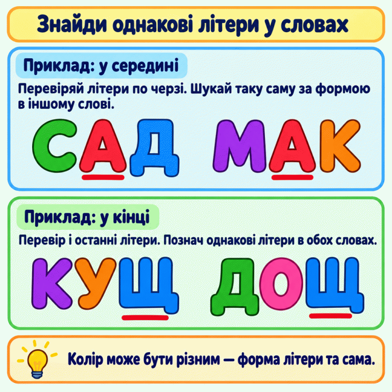 Два навчальні приклади. У словах САД і МАК однакові середні літери А. У словах КУЩ і ДОЩ однакові останні літери Щ. Спільні літери підкреслено. Порівнюй форму літер, а не колір, і позначай однакові літери в обох словах. Знайди однакові літери у словах Приклад: у середині: Перевіряй літери по черзі. Шукай таку саму за формою в іншому слові. Приклад: у кінці: Перевір і останні літери. Познач однакові літери в обох словах. Колір може бути різним — форма літери та сама. САД МАК КУЩ ДОЩ