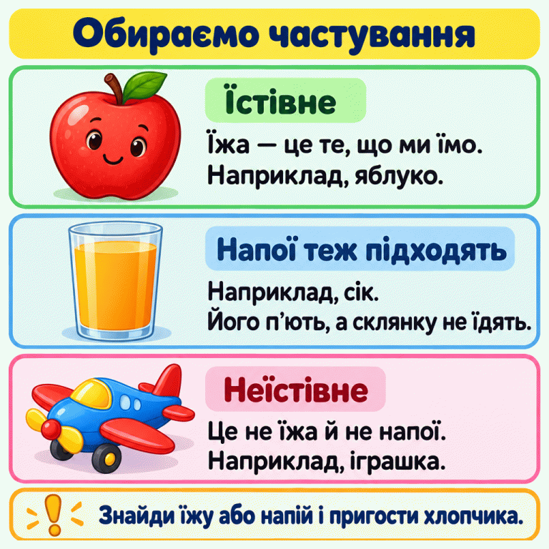 Три навчальні приклади: яблуко — їжа, його їдять; сік — напій, його п’ють, але склянку не їдять; іграшковий літак — неїстівний. Щоб пригостити хлопчика, треба знайти їжу або напій. Обираємо частування Їстівне: Їжа — це те, що ми їмо. Наприклад, яблуко. Напої теж підходять: Наприклад, сік. Його п’ють, а склянку не їдять. Неїстівне: Це не їжа й не напої. Наприклад, іграшка. Знайди їжу або напій і пригости хлопчика. !