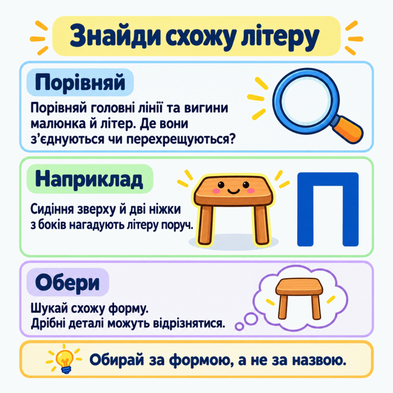 Картка пояснює, як знайти літеру за формою малюнка: порівняти головні лінії, вигини та місця їхнього з’єднання або перехрещення. У прикладі сидіння стільчика зверху й дві ніжки з боків нагадують велику друковану літеру П поруч. Дрібні деталі можуть відрізнятися. Обирати потрібно за формою, а не за назвою. Знайди схожу літеру Порівняй: Порівняй головні лінії та вигини малюнка й літер. Де вони з’єднуються чи перехрещуються? Наприклад: Сидіння зверху й дві ніжки з боків нагадують літеру поруч. Обери: Шукай схожу форму. Дрібні деталі можуть відрізнятися. Обирай за формою, а не за назвою. П