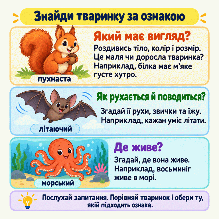Картка пояснює, як знайти тваринку за ознакою: роздивитися її вигляд, пригадати рухи, звички, їжу та місце життя. Три приклади: пухнаста білка з густим хутром, літаючий кажан у польоті та морський восьминіг у морі. Послухай запитання, порівняй тваринок і обери ту, якій підходить названа ознака. Знайди тваринку за ознакою Який має вигляд?: Роздивись тіло, колір і розмір. Це маля чи доросла тваринка? Наприклад, білка має м’яке густе хутро. Як рухається й поводиться?: Згадай її рухи, звички та їжу. Наприклад, кажан уміє літати. Де живе?: Згадай, де вона живе. Наприклад, восьминіг живе в морі. Послухай запитання. Порівняй тваринок і обери ту, якій підходить ознака. пухнаста літаючий морський