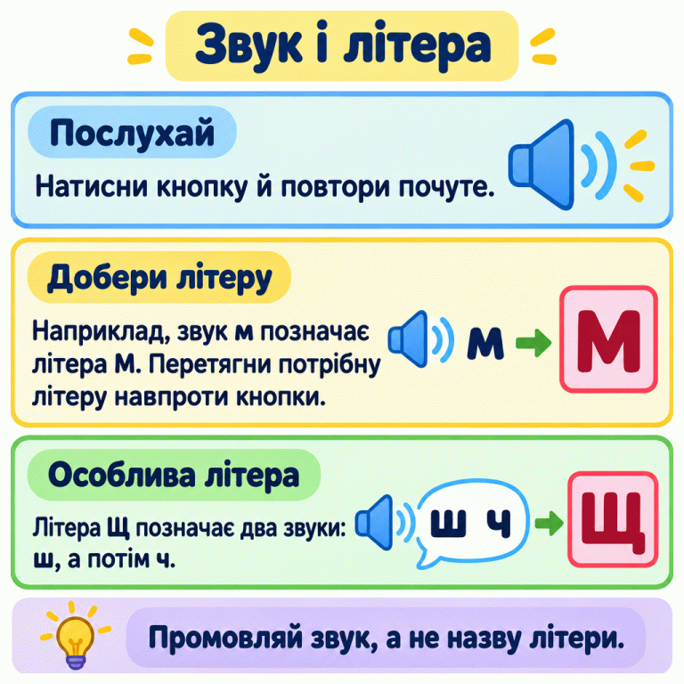 Картка пояснює: натисни кнопку, повтори почуте й перетягни відповідну літеру навпроти запису. У першому навчальному прикладі звук м відповідає літері М. У другому ш, а потім ч показані разом і відповідають одній літері Щ. Нагадування: промовляй звук, а не назву літери. Звук і літера Послухай: Натисни кнопку й повтори почуте. Добери літеру: Наприклад, звук м позначає літера М. Перетягни потрібну літеру навпроти кнопки. Особлива літера: Літера Щ позначає два звуки: ш, а потім ч. Промовляй звук, а не назву літери. м М ш ч Щ