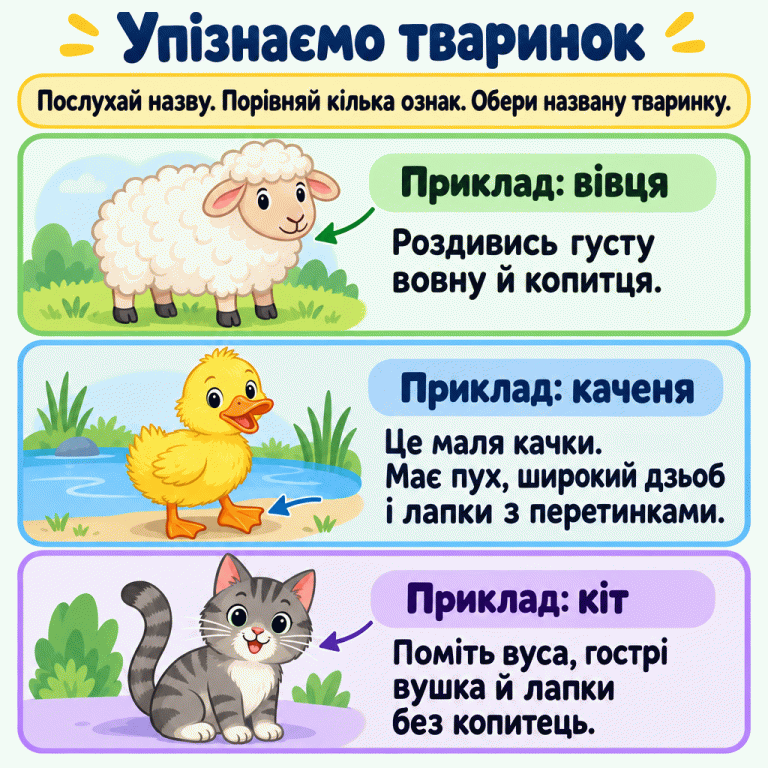 Послухай назву тваринки й порівняй кілька її ознак. На навчальних прикладах показано вівцю з густою вовною та копитцями, каченя з пухом, широким дзьобом і перетинчастими лапками та кота з вусами, гострими вушками й лапками без копитець. Каченя — маля качки. Обирай тваринку, яку назвали в завданні. Упізнаємо тваринок Приклад: вівця: Роздивись густу вовну й копитця. Приклад: каченя: Це маля качки. Має пух, широкий дзьоб і лапки з перетинками. Приклад: кіт: Поміть вуса, гострі вушка й лапки без копитець. Послухай назву. Порівняй кілька ознак. Обери названу тваринку.