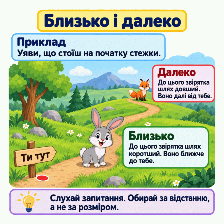 Навчальний приклад «Близько і далеко». На початку стежки позначено «Ти тут». Зайчик стоїть близько: від тебе до нього коротший шлях. Лисеня стоїть далеко: від тебе до нього довший шлях. Обирай за запитанням і порівнюй відстань, а не розмір звірят. Близько і далеко Приклад: Уяви, що стоїш на початку стежки. Далеко: До цього звірятка шлях довший. Воно далі від тебе. Близько: До цього звірятка шлях коротший. Воно ближче до тебе. Слухай запитання. Обирай за відстанню, а не за розміром. Ти тут