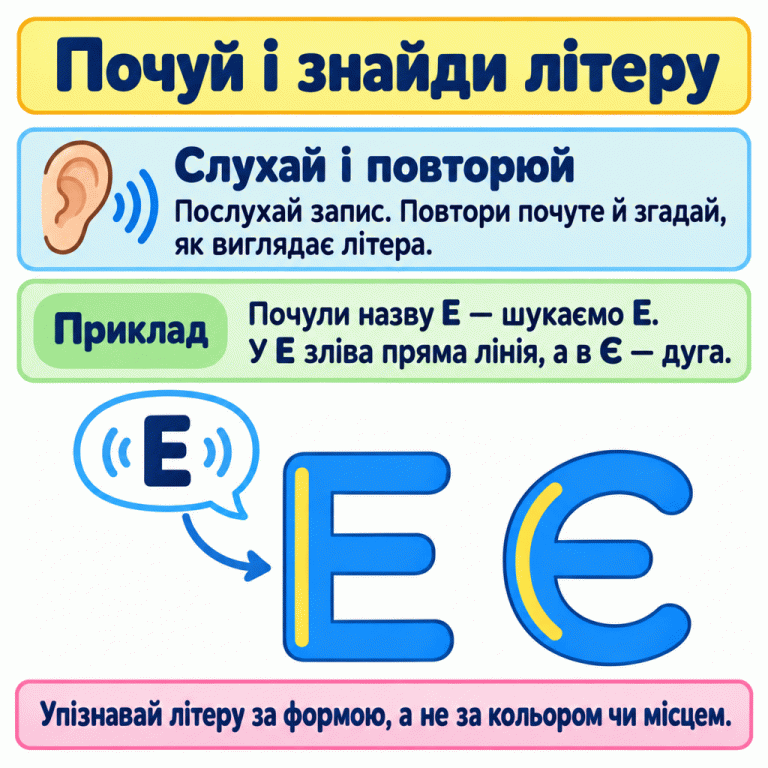 Картка вчить слухати запис, повторювати почуте та впізнавати літеру за формою. У навчальному прикладі стрілка веде від назви Е у звуковій бульбашці до написаної Е. Поруч стоїть Є: у Е зліва пряма лінія, а в Є — дуга. Колір і місце не визначають, яку літеру слід обрати. Почуй і знайди літеру Слухай і повторюй: Послухай запис. Повтори почуте й згадай, як виглядає літера. Приклад: Почули назву Е — шукаємо Е. У Е зліва пряма лінія, а в Є — дуга. Упізнавай літеру за формою, а не за кольором чи місцем. Е Є