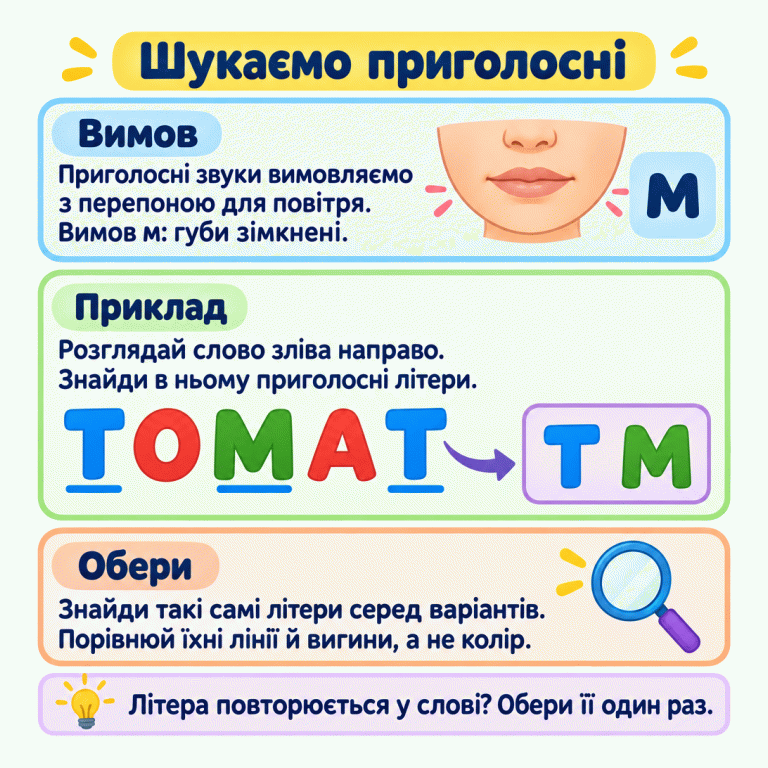 Картка пояснює пошук приголосних літер у слові. Зімкнені губи показують перепону під час вимови звука м. У навчальному слові «ТОМАТ» підкреслено обидві Т та М. Нижче показано лише по одній Т і М: повторену літеру обирають один раз. Літери зіставляють за лініями й вигинами, а не за кольором. Шукаємо приголосні Вимов: Приголосні звуки вимовляємо з перепоною для повітря. Вимов м: губи зімкнені. Приклад: Розглядай слово зліва направо. Знайди в ньому приголосні літери. Обери: Знайди такі самі літери серед варіантів. Порівнюй їхні лінії й вигини, а не колір. Літера повторюється у слові? Обери її один раз. м ТОМАТ Т М