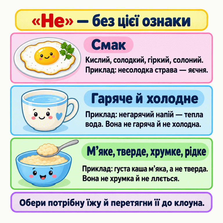 Картка пояснює: «не» означає відсутність названої ознаки. Три навчальні приклади: яєчня без солодкого смаку; тепла вода, яка не гаряча й не холодна; густа м’яка каша, яка не тверда, не хрумка й не ллється. Потрібно обрати їжу за умовою та перетягнути її до клоуна. «Не» — без цієї ознаки Смак: Кислий, солодкий, гіркий, солоний. Приклад: несолодка страва — яєчня. Гаряче й холодне: Приклад: негарячий напій — тепла вода. Вона не гаряча й не холодна. М’яке, тверде, хрумке, рідке: Приклад: густа каша м’яка, а не тверда. Вона не хрумка й не ллється. Обери потрібну їжу й перетягни її до клоуна.