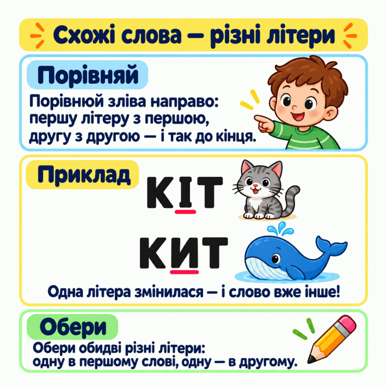 Картка пояснює, як порівнювати слова зліва направо: першу літеру з першою, другу з другою, до кінця. У навчальному прикладі слово «КІТ» зображене над словом «КИТ»; поруч намальовані кіт і кит. Перші та останні літери однакові, а середні І та И різні й підкреслені. Потрібно обрати різну літеру в кожному слові. Схожі слова — різні літери Порівняй: Порівнюй зліва направо: першу літеру з першою, другу з другою — і так до кінця. Приклад: Одна літера змінилася — і слово вже інше! Обери: Обери обидві різні літери: одну в першому слові, одну — в другому. КІТ КИТ