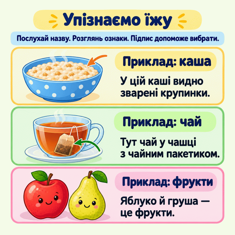 Картка вчить слухати назву їжі, розглядати її ознаки й користуватися підписом для вибору. Наведено три приклади: каша з видимими звареними крупинками, чай у чашці з чайним пакетиком та яблуко й груша як приклади фруктів. Упізнаємо їжу Приклад: каша: У цій каші видно зварені крупинки. Приклад: чай: Тут чай у чашці з чайним пакетиком. Приклад: фрукти: Яблуко й груша — це фрукти. Послухай назву. Розглянь ознаки. Підпис допоможе вибрати.
