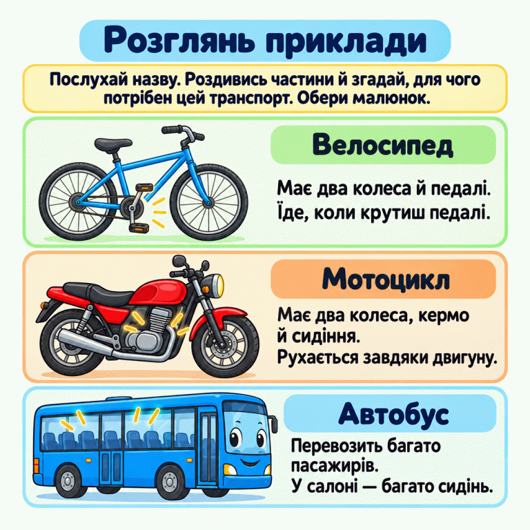 Навчальні приклади допомагають упізнавати транспорт за частинами та призначенням. У велосипеда видно два колеса й педалі, які крутять ногами. У мотоцикла — два колеса, кермо, сидіння та двигун. В автобусі є багато місць для пасажирів. Послухай назву, роздивись частини, згадай призначення й обери відповідний малюнок. Розглянь приклади Велосипед: Має два колеса й педалі. Їде, коли крутиш педалі. Мотоцикл: Має два колеса, кермо й сидіння. Рухається завдяки двигуну. Автобус: Перевозить багато пасажирів. У салоні — багато сидінь. Послухай назву. Роздивись частини й згадай, для чого потрібен цей транспорт. Обери малюнок.