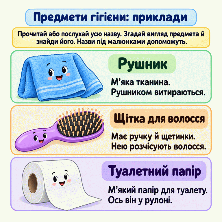Картка пояснює, як знайти предмет за почутою або прочитаною назвою. Три приклади: рушник — м’яка тканина для витирання; щітка з ручкою та щетинками — для розчісування волосся; туалетний папір показано в рулоні з вільним кінцем. Біля кожного предмета розміщено його назву й коротке пояснення. Предмети гігієни: приклади Рушник: М’яка тканина. Рушником витираються. Щітка для волосся: Має ручку й щетинки. Нею розчісують волосся. Туалетний папір: М’який папір для туалету. Ось він у рулоні. Прочитай або послухай усю назву. Згадай вигляд предмета й знайди його. Назви під малюнками допоможуть.